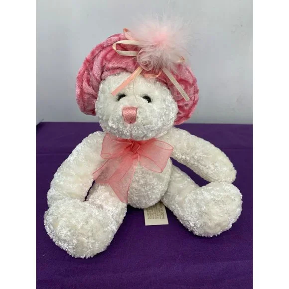 Dan Dee Victorian Sitting 8 Inch White Bear Pink Velvet Hat Rose Feather Bow - Picture 1 of 8